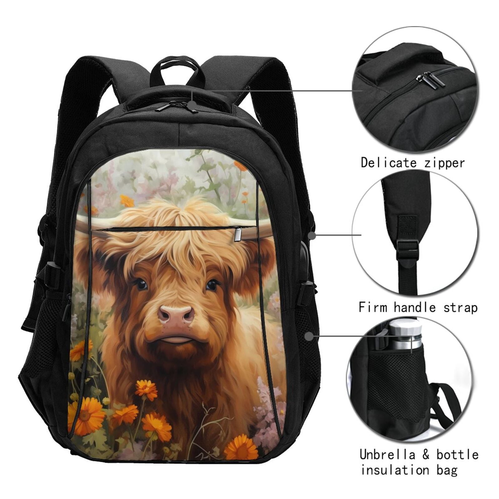 Ratiio Cute Floral Cow Print Travel Laptop Backpack,Slim Sturdy Laptops Backpack with USB Charging Port, Water Resistant College School Computer Bag