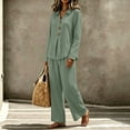 thumbnail image 4 of Women's Casual 2 Piece Tracksuit Outfits Lapel Long Sleeve Tunic Shirts and Loose Wide Leg Flowy Pants Soft Daily Loungewear Sets Army Green, 4 of 7