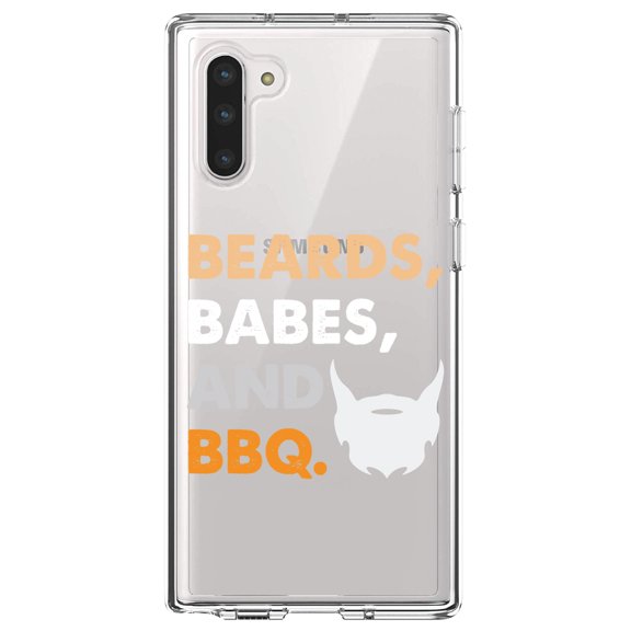 DistinctInk Clear Shockproof Hybrid Case for Samsung Galaxy Note 10 (6.3" Screen) - TPU Bumper Acrylic Back Tempered Glass Screen Protector - Beards, Babes And BBQ