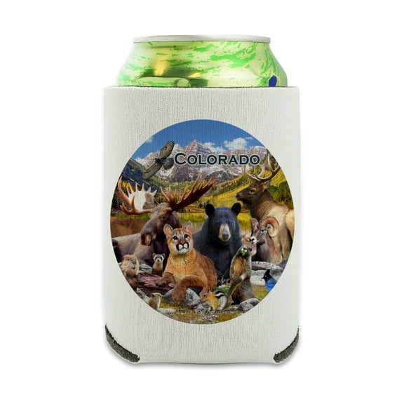 Colorado Mountains Lake Wildlife Animals Beer Moose Elk Cougar Can Cooler - Drink Sleeve Hugger Collapsible Insulator - Beverage Insulated Holder