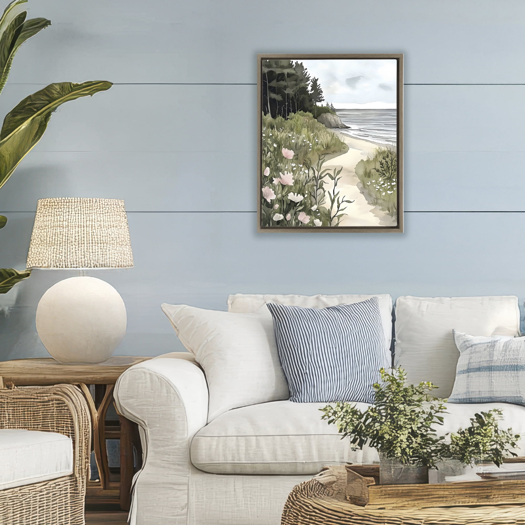 Stupell Industries Coastal Calm Floral Pathway Brown Framed Floater Canvas Wall Art, design by Riley B