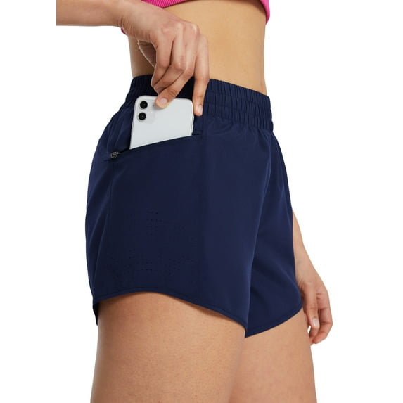BALEAF Women's Running Shorts 4" Quick Dry High Waisted Athletic Workout Shorts with Liner Zipper Pocket Navy L