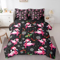 Manfei Kawaii Flamingo Bedding Comforter Set 7 Pieces for Kids, Black Pink Cartoon Full Bedding Set, Merry Christmas Reversible Fitted Sheet Flat Sheet, Lightweight Room Decor