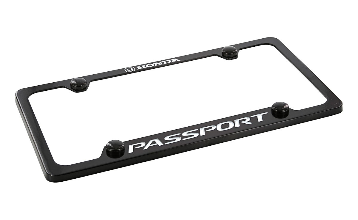 Passport wordmark with Honda logo black coated zinc metal license plate frame