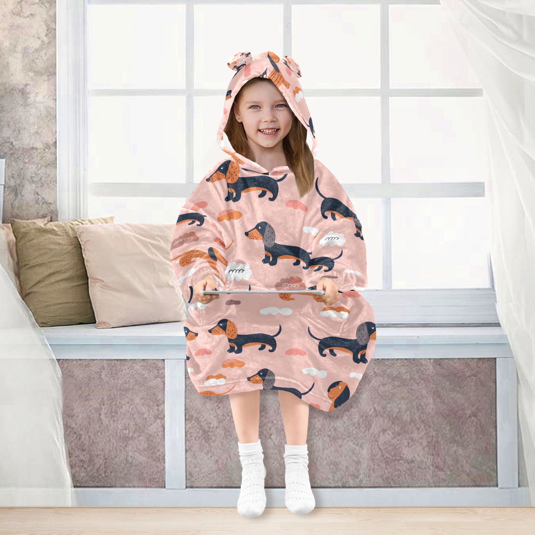 Wearable Blanket Christmas Hoodie for Cute with Dogs Flannel Hooded Blanket with Pockets and Sleeves Suitable