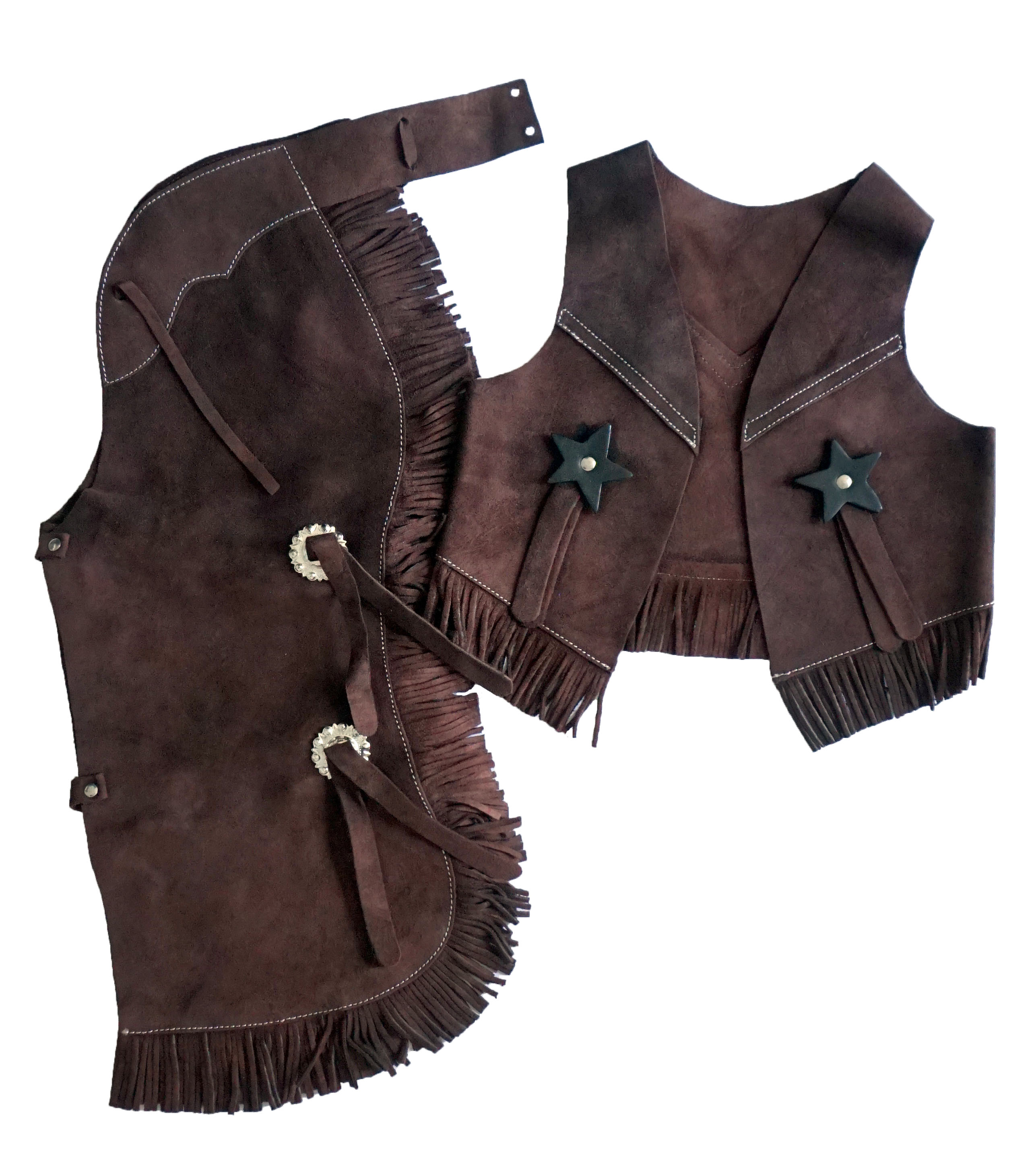 Brown Suede Leather Children's Chaps & Vest Set Great Halloween Cowboy Costume Brown Suede Leather Children's Chaps & Vest Set Great Halloween Cowboy Costume