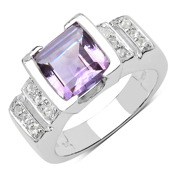 Genuine Square Amethyst and White Topaz Ring in Sterling Silver - Size 8.00