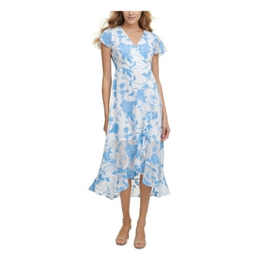 MICHAEL MICHAEL KORS Womens Navy Printed Short Sleeve Surplice Neckline Midi Wear To Work Faux Wrap Dress