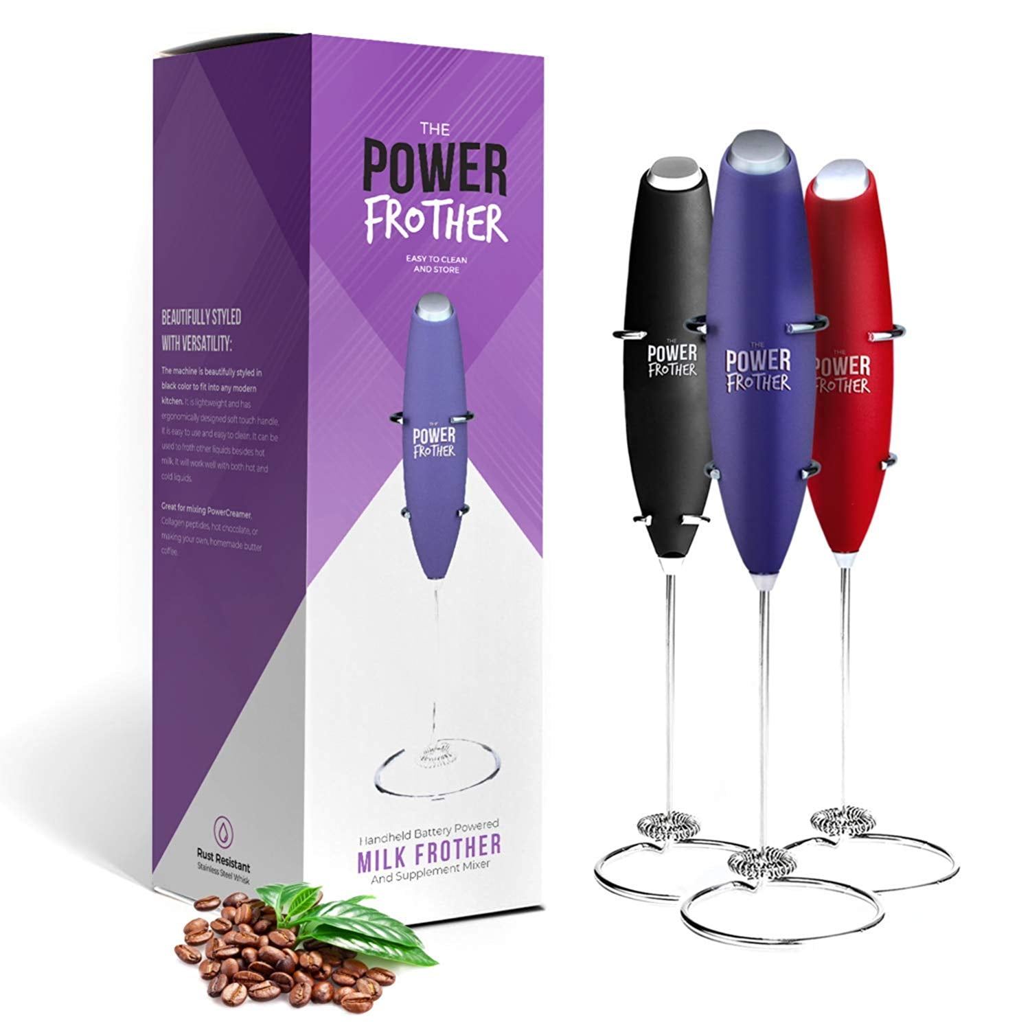 Power Frother Purple Milk Frother Electric, Battery Operated for Coffee, Protein, Collagen