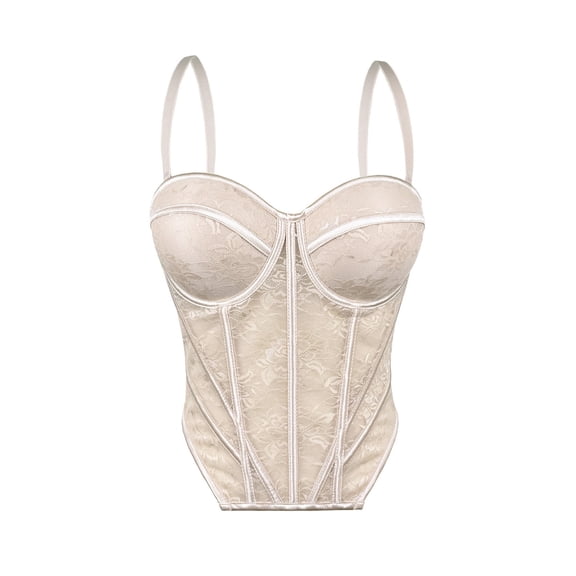 iHPH7 Women's Floral Lace Corset Top Sheer Mesh Bustier Spaghetti Strap Underwire Shapewear Y2k Fashion Going Out Bodice Beige L