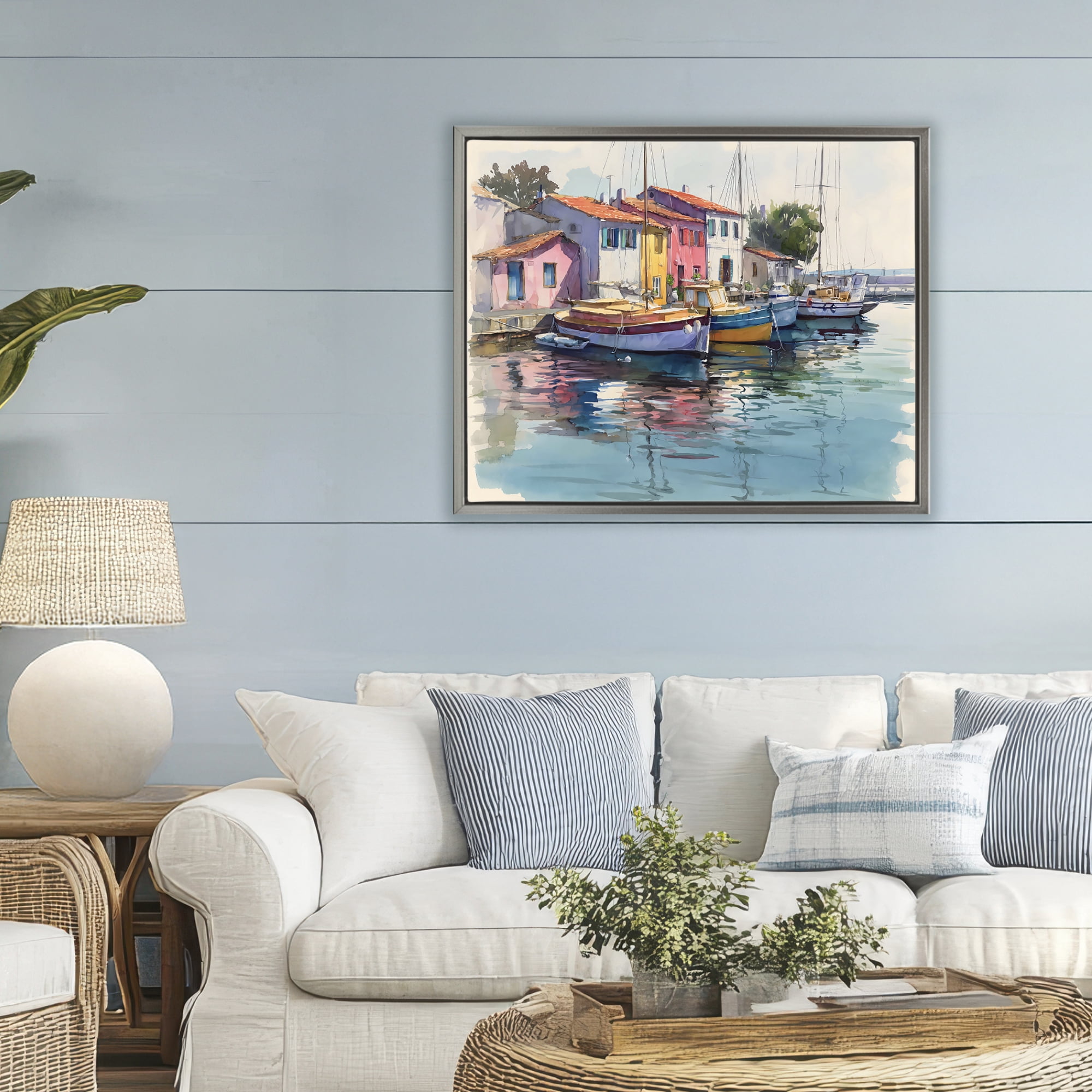 Stupell Industries Colorful Docks Harbor Gray Framed Floater Canvas Wall Art, design by Franklyn Gregory