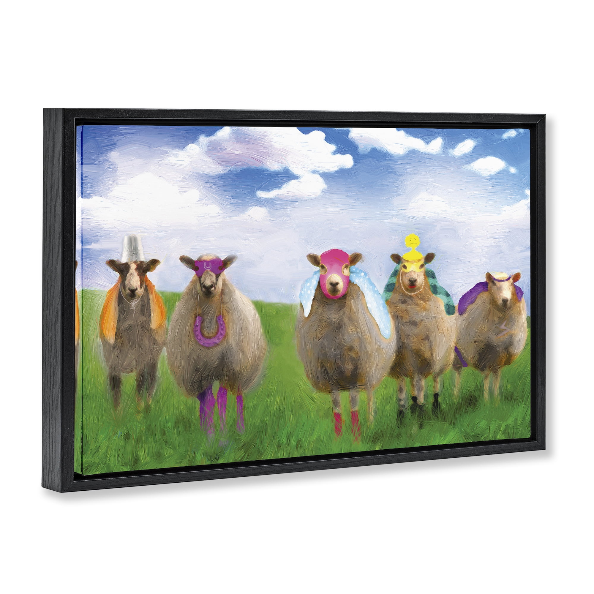 Stupell Industries Superhero Sheep in Field Animals & Insects Painting Black Floater Framed Canvas Art Print Wall Art, 25 x 17