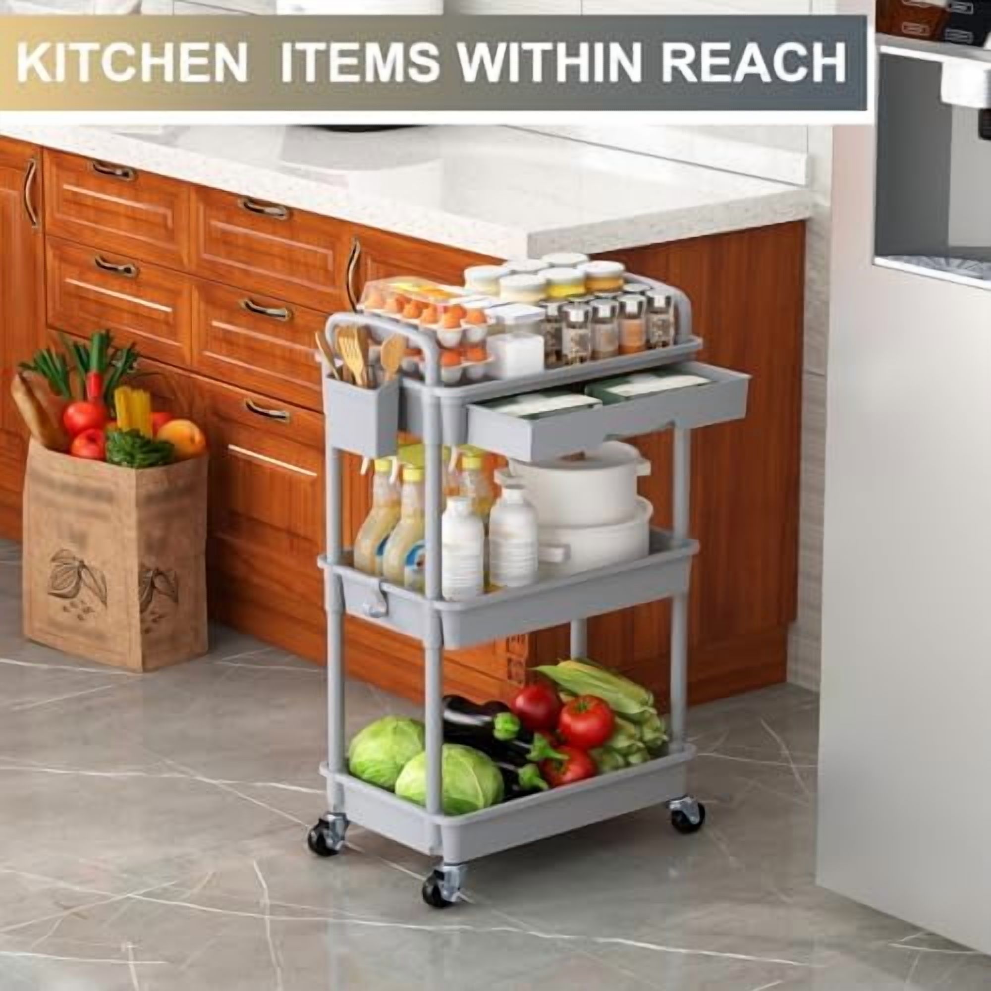 3 Tier Rolling Utility Cart Organizer with Removable Drawer, Stable and Sturdy Grey Rolling Storage Carts with 2 Lockable Wheels for Bathroom, Kitchen, Snack, Craft, Makeup, Baby Essentials