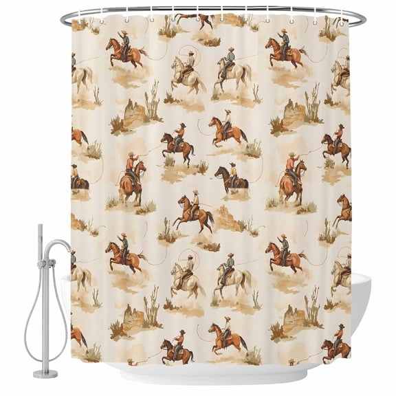 Shower Curtain Bathroom Set Western Cowboy on Horse Waterproof Fabric Shower Curtains with Grommets&Hooks, Watercolor Desert Art Privacy Bath Curtain for Bathtub 36x72in
