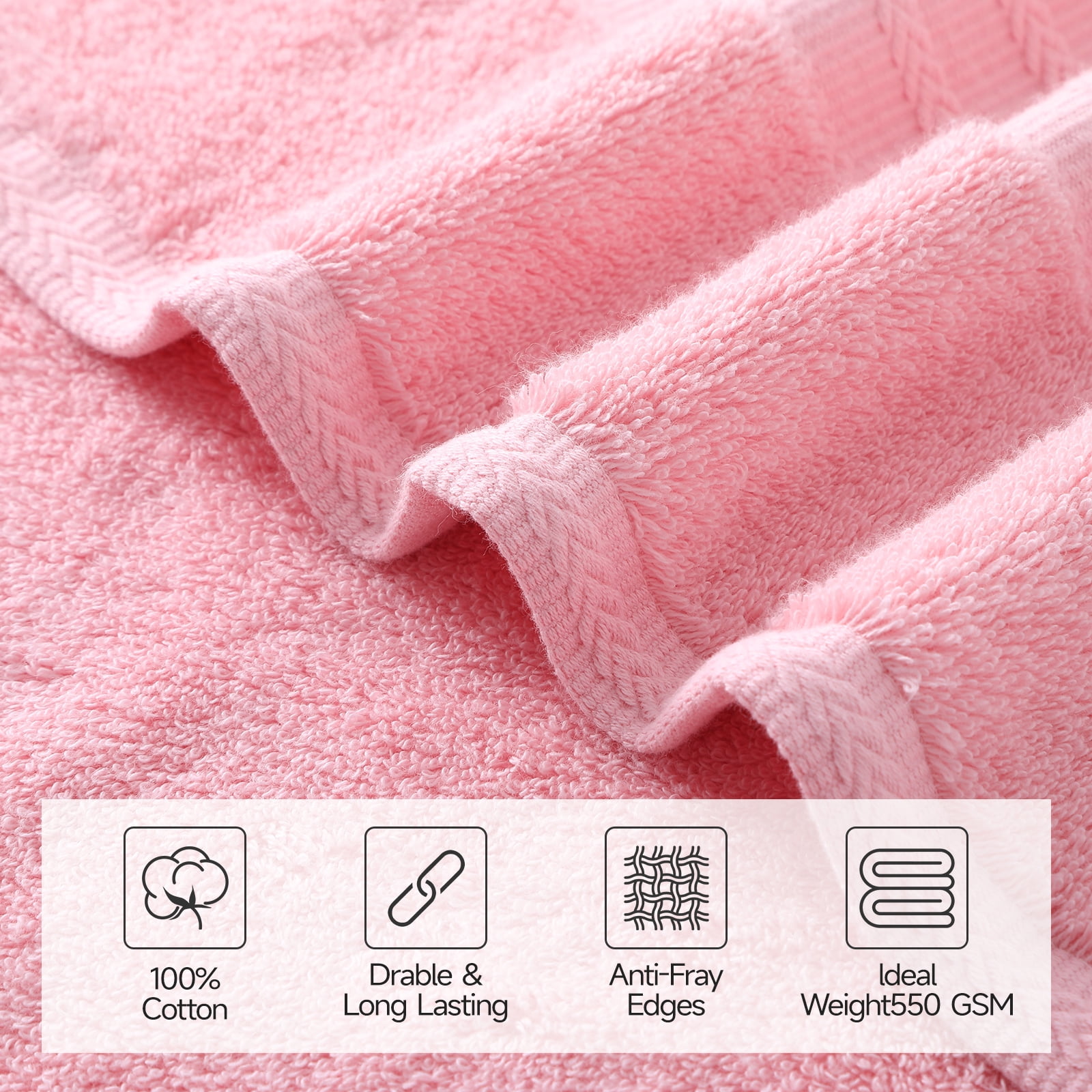 REDKISS 8-Piece 100% Cotton Towel Set, 600GSM Luxury Pink Bath Towels. Quick Dry Hand Towels & Washcloths