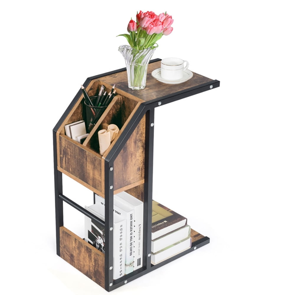 Finihen End Table, Industrial C-Shape Snack End Table with Storage Space, Sofa Side Table, Bed Side Table, for Living Room, Bedroom, Brown Finihen End Table, Industrial C-Shape Snack End Table with Storage Space, Sofa Side Table, Bed Side Table, for Living Room, Bedroom, Brown