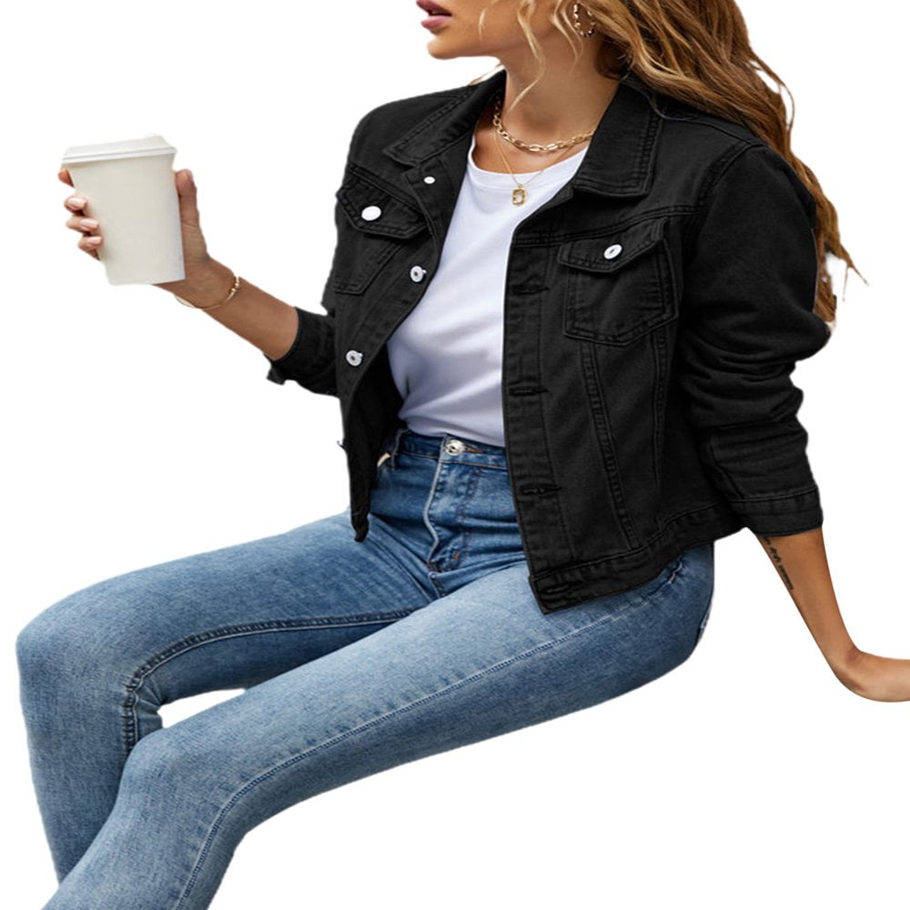 PENGXIANG Women Button Down Jean Jacket Basic Long Sleeve Slim Fitted Denim Trucker Jacket Coat with Pocket