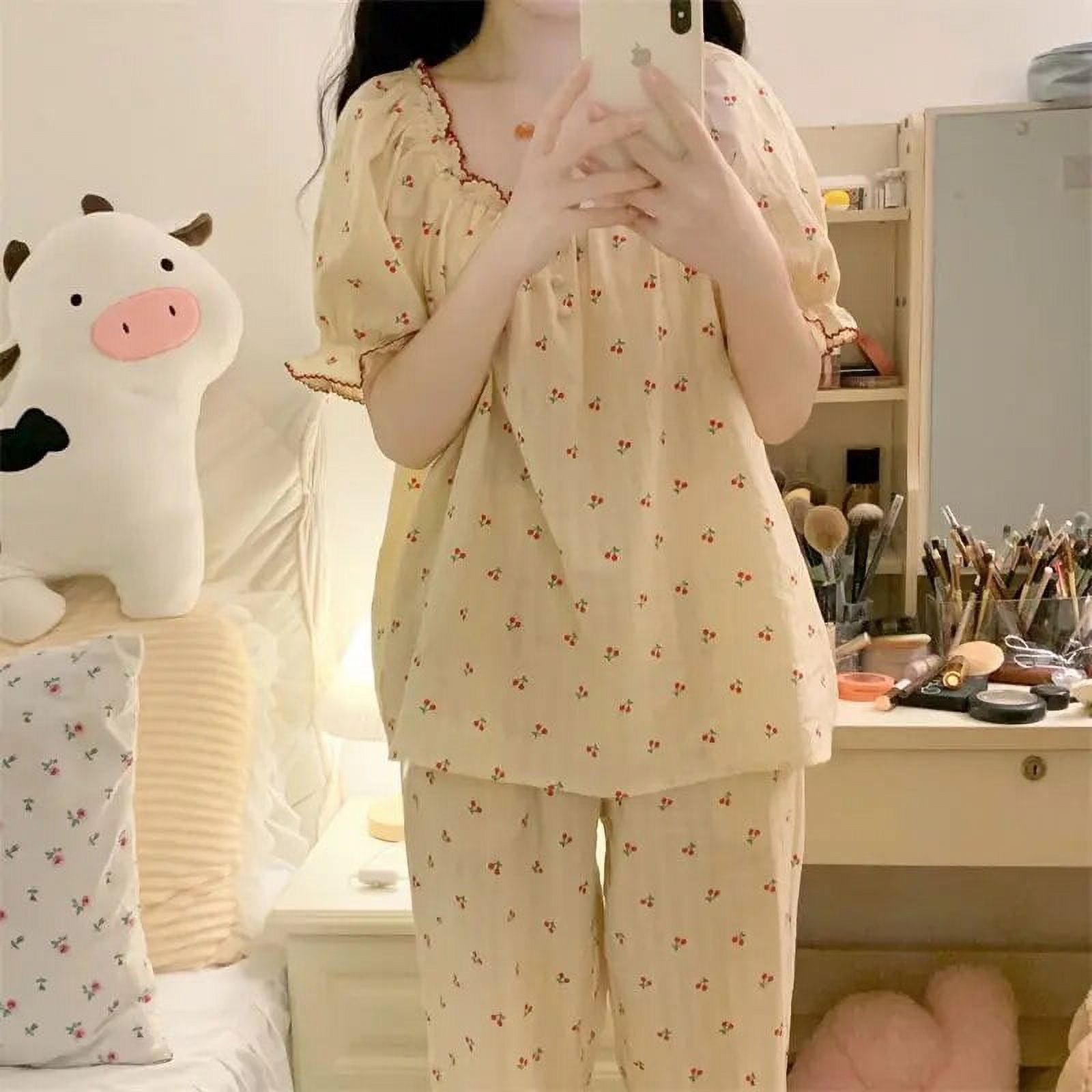 Municipal Cherry Print Nightgown Lace Sleepwear Womens Style