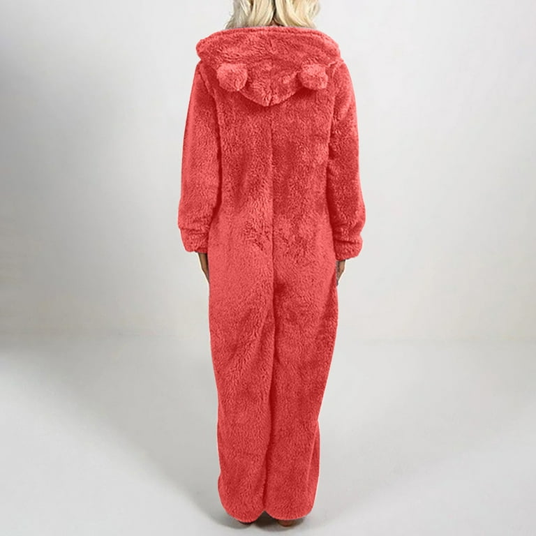 Moxiu Women Winter Warm Furry Sherpa Romper Fleece Onesies Pajama One Piece  Zipper Fuzzy Hooded Jumpsuit Sleepwear Loungewear,One Piece Pajamas for  Women Plush Homewear 2023 