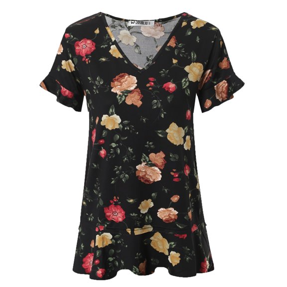 Doublju Women's Short Sleeves Flare Tunic Tops for Leggings Flowy Shirt with Plus Size