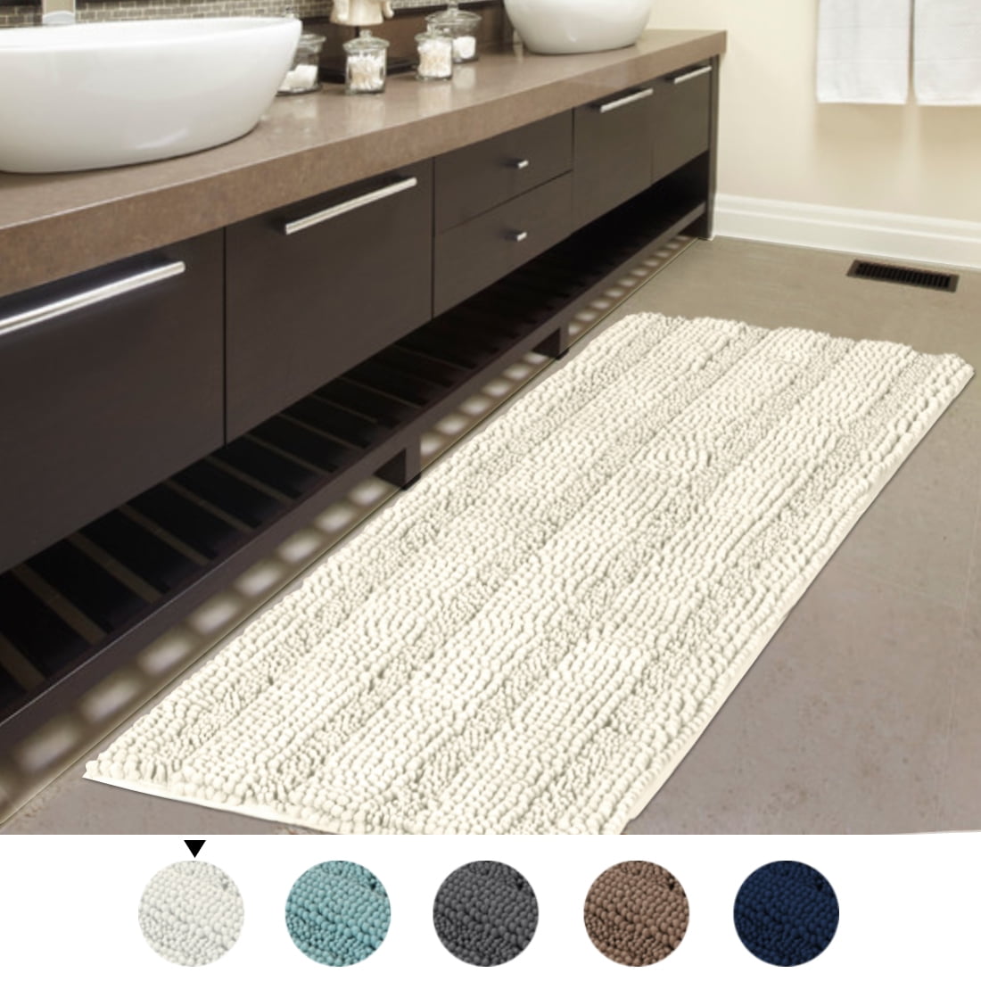 Navy, 47 x 17 Plus 17 x 24 - Inches Bathroom Rugs Bath Mats Sets Super Absorbent Chenille Striped Bath Mats Non Skid Machine Wash Dry Rugs for Bathroom Floor Set of 2