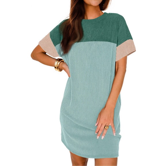 Fantaslook Summer Color Block Dresses for Women Crewneck Short Sleeve T shirts Dress Ribbed Dresses with Pockets