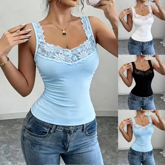 WAGUTH Women's Lace Trim Camisole Tank Tops Sleeveless Scoop Neck Slim Fit Cami Tops Dressy Casual Tanks for Summer Daily Wear,Sky Blue,L