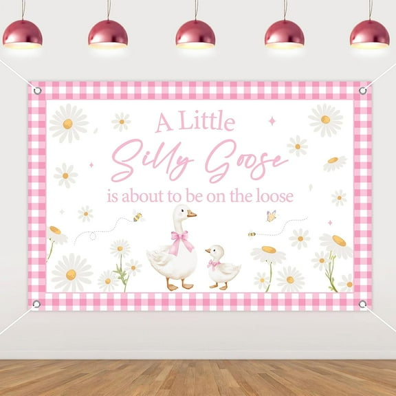 5.9x3.6FT Silly Goose Baby Shower Decoration Pink Daisy A Little Silly Goose is About to Be On The Loose Backdrop Banner Cute Geese Gender Reveal Decor Fun Farm Animal Gingham Bow Party Supplies