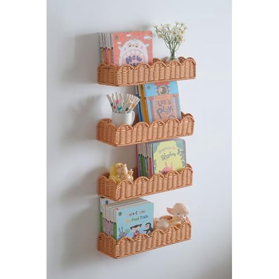 Nursery Book Shelves Set of 4, Metal & Plastic Artificial Rattan Scalloped Book Shelf 15.8", Cute Floating Bookshelf for Kids Bedroom Farmhouse Decor