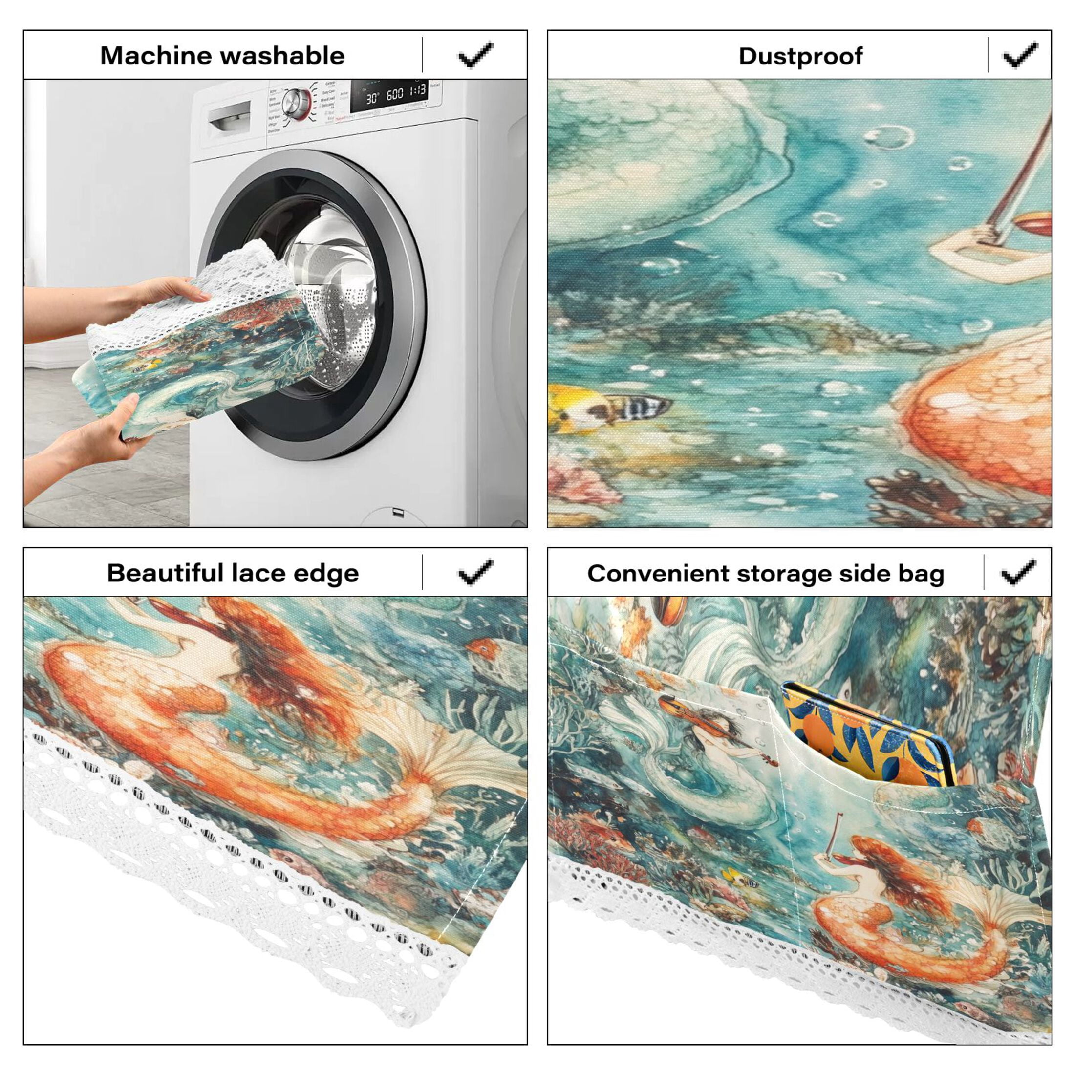 Washing Machine Cover 51.2x22in, Durable Polyester Dust Cover with Lace Trim and Side Pocket for Appliances Mermaid Plays Music