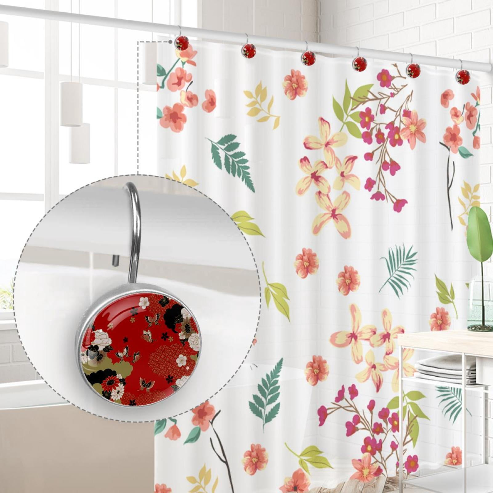 Japanese Traditional Print Shower Curtain Hooks（Set of 12）for Home Hotel Shower Rods Bathroom Crystal Glass Print Stainless Steel Round Curtain Hooks