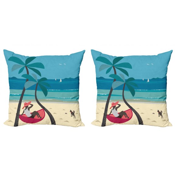 Graphic Beach Throw Pillow Cushion Cover Pack of 2, Summer Seaside Landscape with Girl on Hammock Between Palms and Playful Dog, Zippered Double-Side Digital Print, 4 Sizes, Multicolor, by Ambesonne