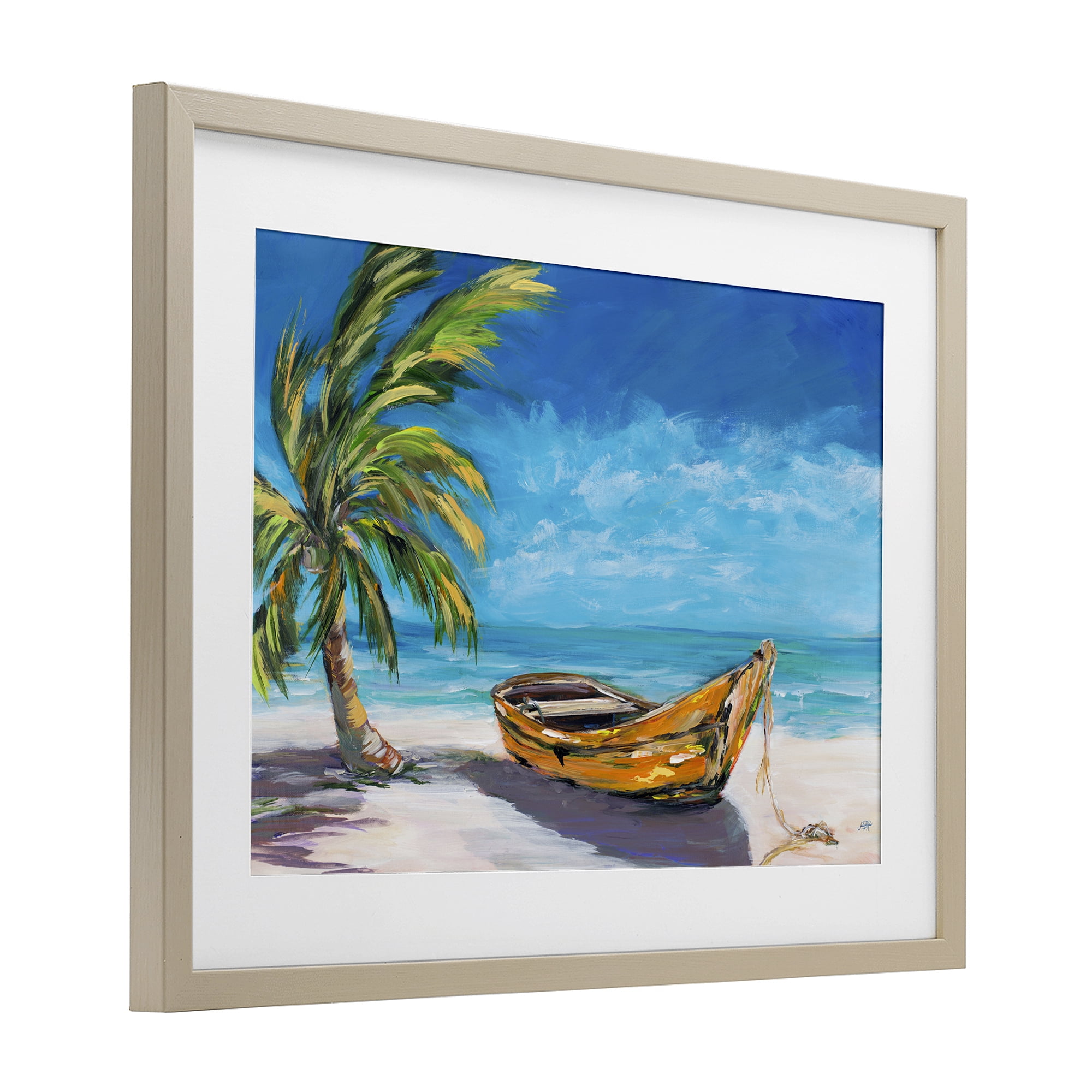 Stupell Industries Lost Island Palm & Boat Birch Framed Print Under Glass, design by Julie DeRice