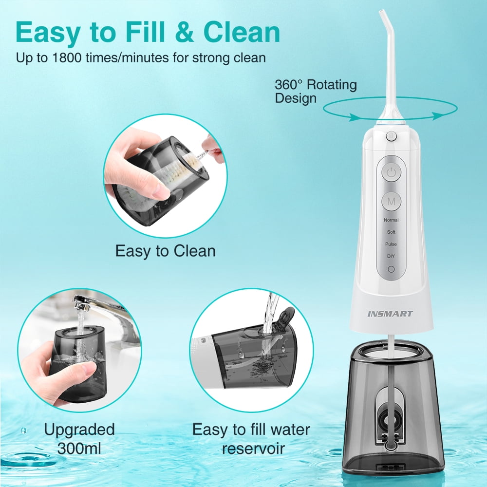 Cordless Water Flosser for Teeth, INSMART,Portable Rechargeable Teeth Cleaner with DIY Mode RGB Light 4 Jet Tips IPX7 Waterproof Dental Oral Irrigator
