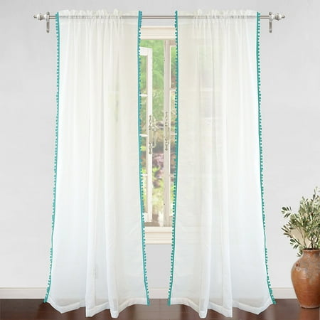 Pom Pom Curtains DriftAway Laura Pom Pom Sheer Window Curtains Set of Two Panels, each 52”x84” Plus 2” Header (Aqua) ()