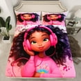 thumbnail image 2 of Feelyou Girly Pink Princess Twin Sheet Sets, Kawaii Cartoon Black Girl Twin Fitted Sheet, Music Lover Flat Sheet, Microfiber Bedroom Decor, 3pcs, 2 of 7