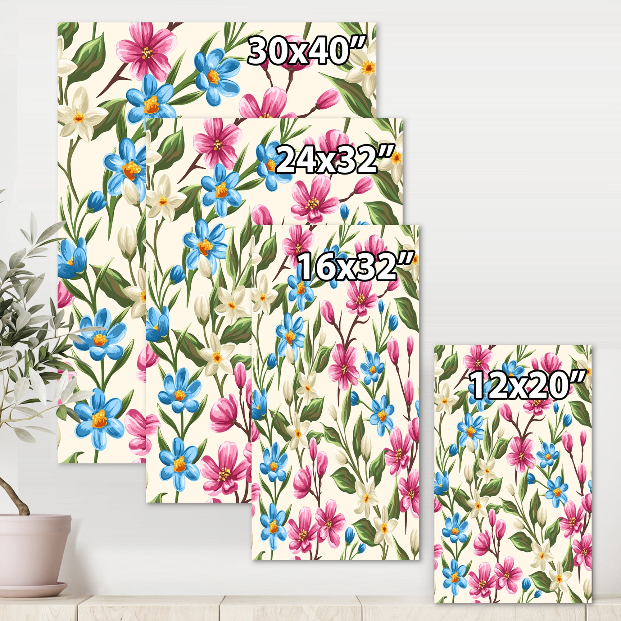 Designart ' Vintage Blue and Pink Wildflowers ' Traditional Canvas Wall Art Print