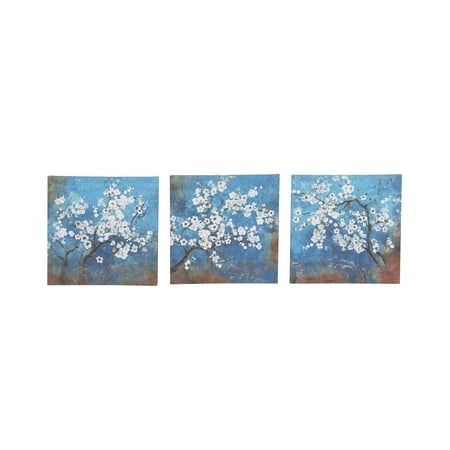 Painted Cherry Blossoms Decmode Rustic Canvas And Wood Painted Cherry Blossoms Square Framed Wall Art, Blue - Set Of 3 ()