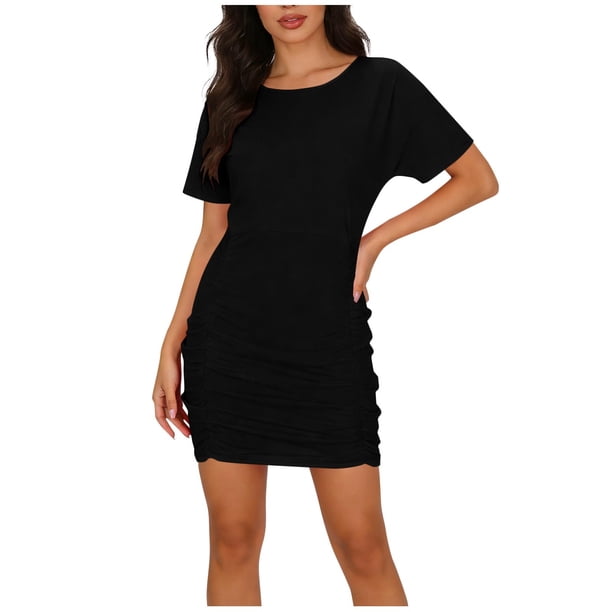 Vestido de Denim de Manga Corta Mujeres de Color Sólido Francés Cuello Redondo Manga Temperamento Estilo Corto Cadera Abrazar Falda Cintura Delgada Plegado Vestido de Manga Corta