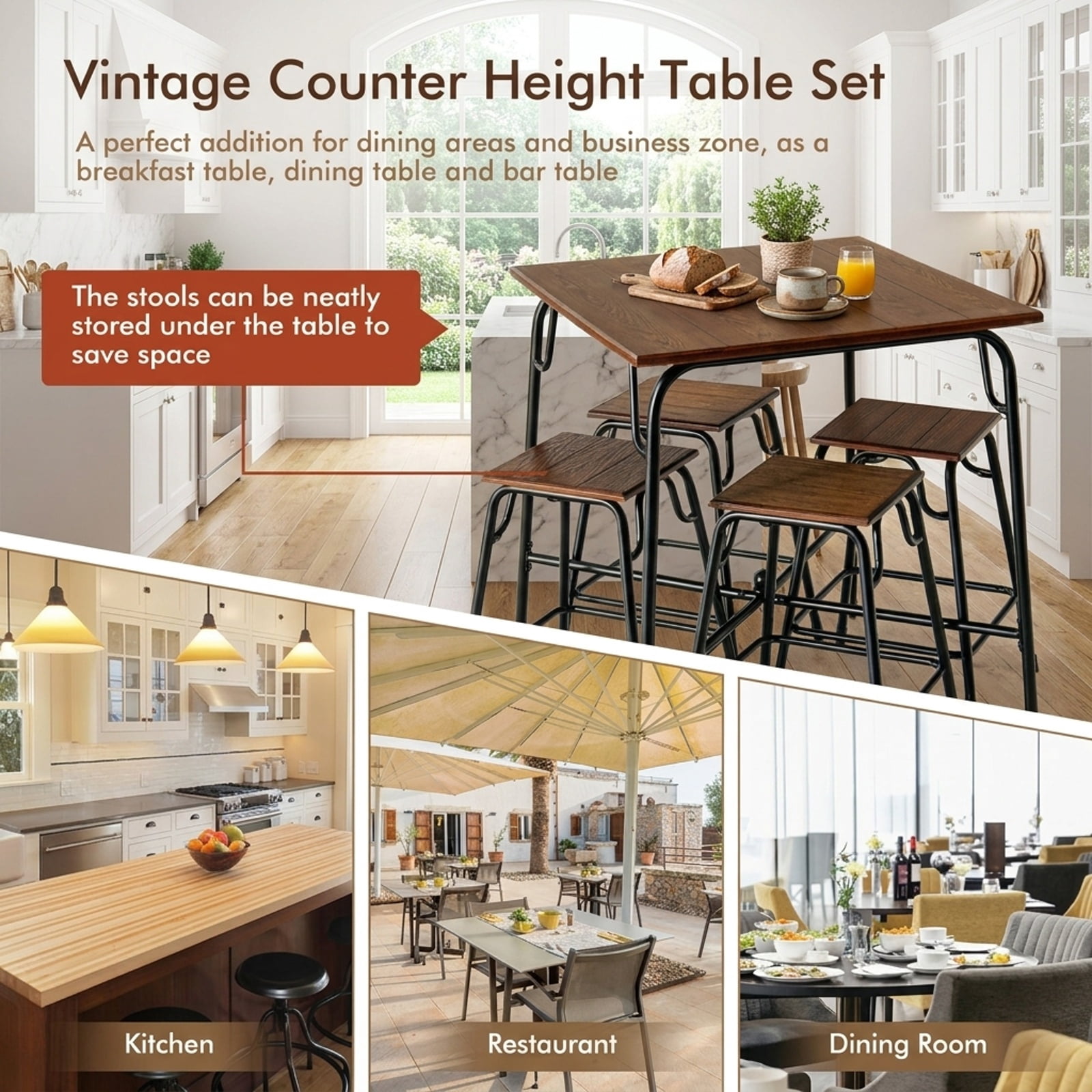 Furnibear 5 Pieces Bar Table Set with 4 Counter Height Backless Stools for Kitchen Dining Room Breakfast Nook Home, Rustic Brown