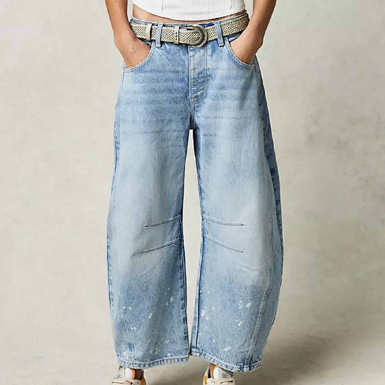 Efsteb Jeans for Women Vintage Button Zipper Jeans Baggy Wide-Leg 