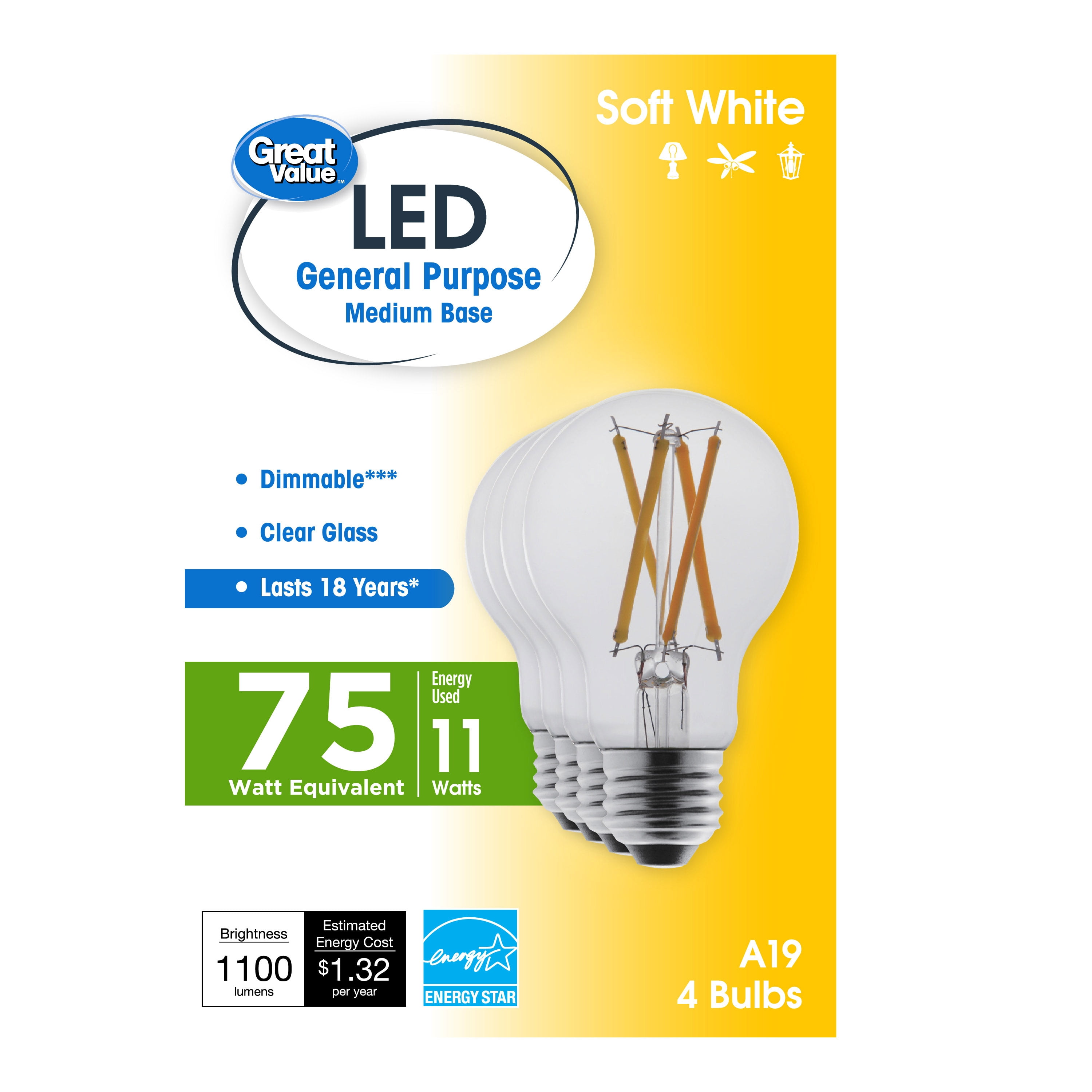 Great Value 18 Year LED Light Bulbs A19 75 Watts Equivalent, E26, Dimmable, Soft White, Clear Glass, 4 Pack