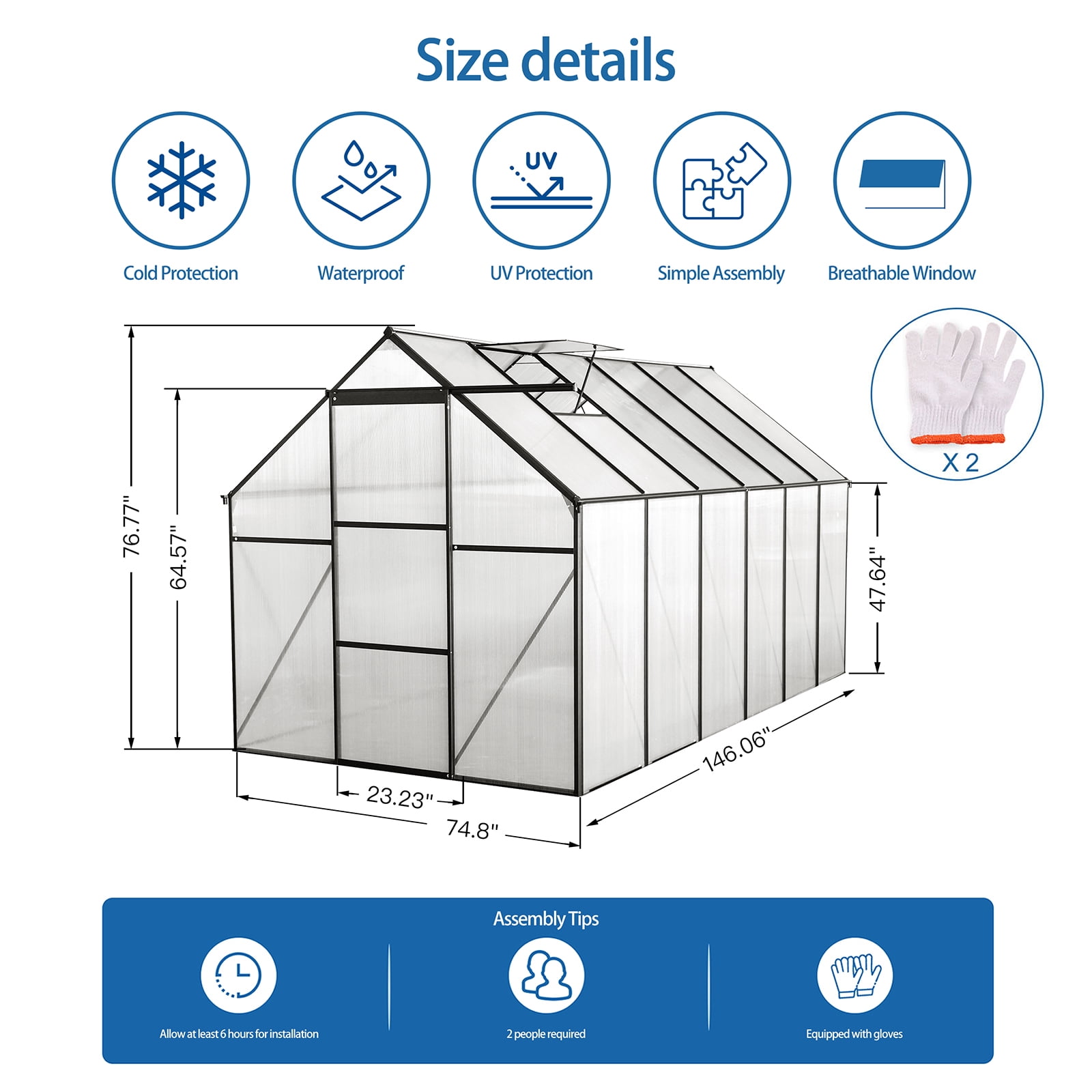 Polycarbonate Greenhouse, Walk In Greenhouse With Drainage System & Galvanized Base, Sliding Door, Adjustable Roof, Rust-proof Aluminum Alloy Frame Walk-in Greenhouses