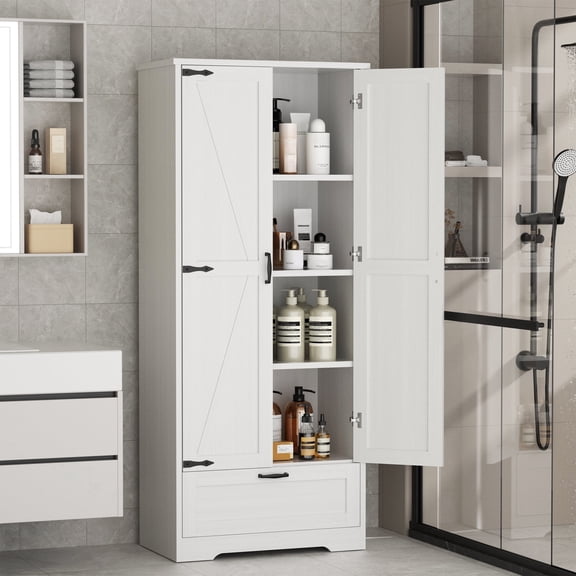 Walsunny Bathroom Floor Storage Cabinets with Doors Shelves Drawer Freestanding Wooden Cabinet Organizer for Laundry Room Bathroom White