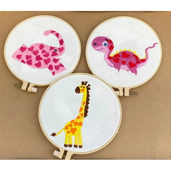Hi Dinosaur on Town ,Pre-Printed Cotton Embroidery Kits, Easy for Starter Embroidery Kits, Elephant Giraffe stamped Embroidery Kits for beginner
