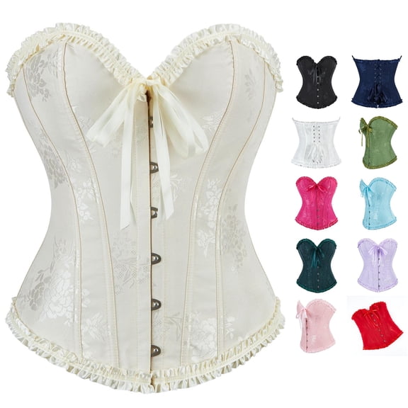Gyujnb Women's Floral Jacquard Strapless Ruffle Overbust Corset Boned Push Up Waist Cincher Fairy Princess Halloween Costume Bustier Top,XL