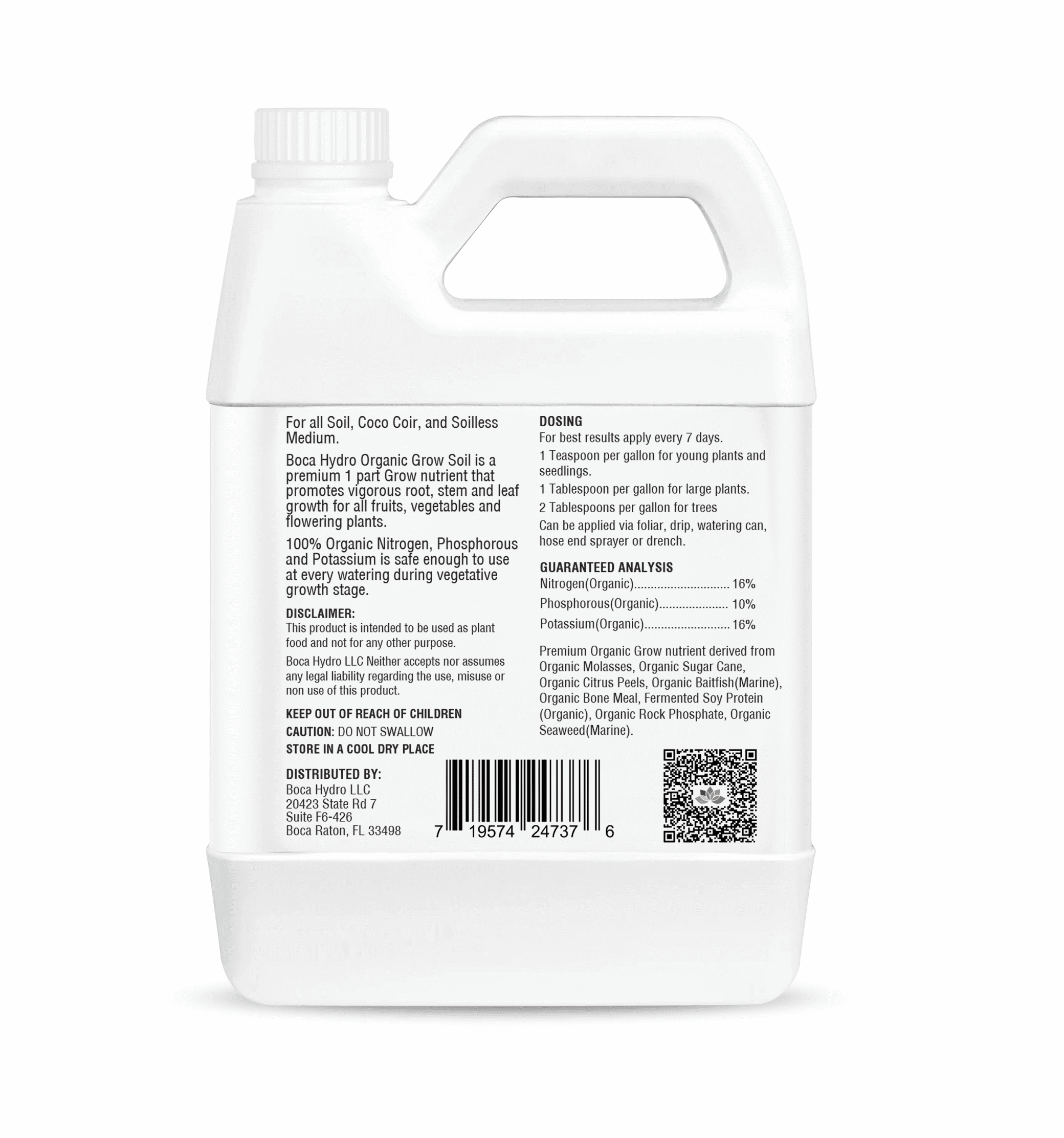 Boca Hydro Grow Soil – Organic Liquid Plant Food 16-10-16 NPK | Base Grow Fertilizer with Amino Acids & Micronutrients | Complete Organic Nutrition for Strong Vegetative Growth, Healthy Roots, and Vi