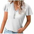 thumbnail image 2 of pstuiky Summer Tops for Women 2024, Fashion Women's Summer V-Neck Button Short Sleeve Solid Casual Pullove Blouses Tops Casual Tops for Women 0 Tshirts, 2 of 6