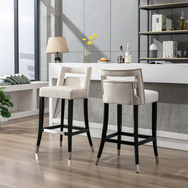 Counter Height Bar Stools Set of 2, Velvet Dining Chairs with Wood Legs ...