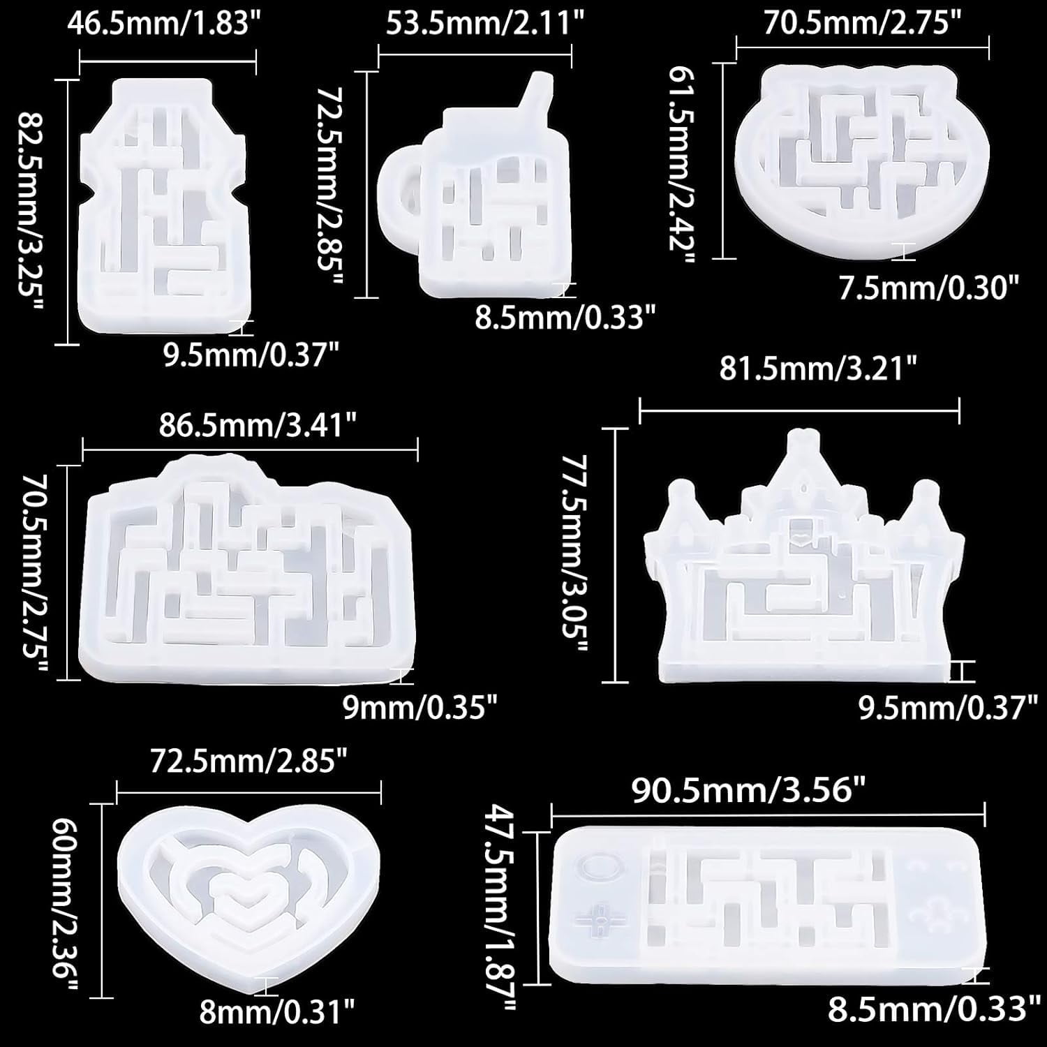 Epoxy Resin Molds Set 8 Shapes Labyrinth Silicone Molds Castle Molds with Sequins Measuring Cup Stirring Rod Pipettes and Latex Finger Cots DIY